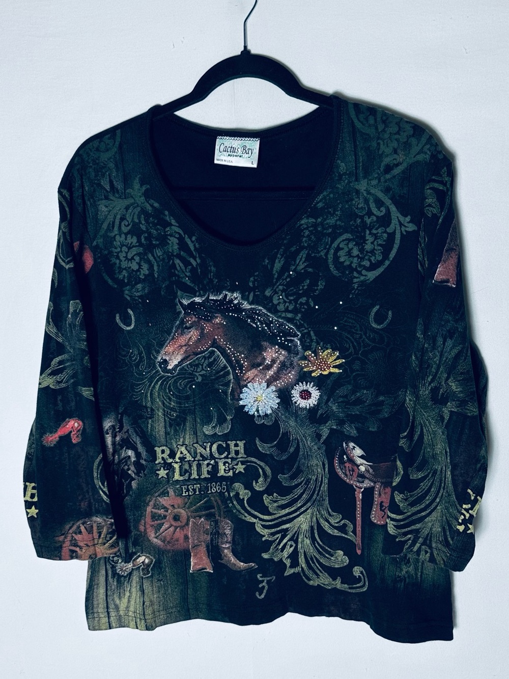 Vintage Cactus Bay Apparel Cowgirl Western Horse Wagon Graphic Tee L Horse Girl